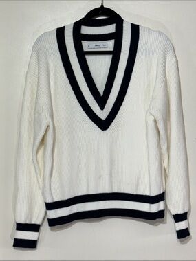 Mango White V-Neck Sweater with Black Striped Trim